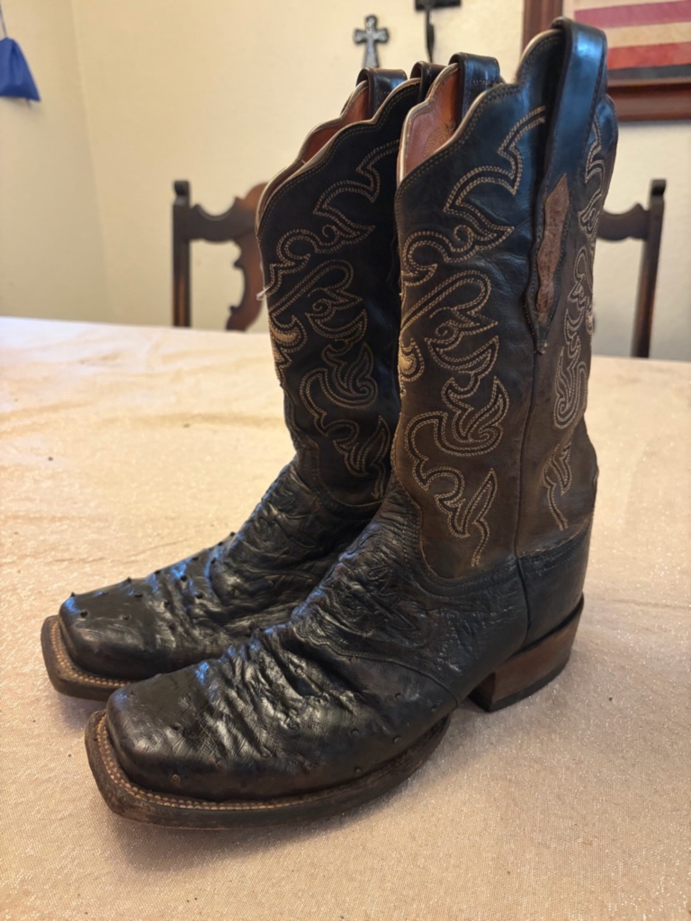Lucchese Full Quill Black Ostrich Square Toe Boots 7.5B